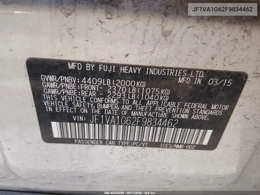 2015 Subaru Wrx Limited VIN: JF1VA1G62F9834462 Lot: 45320399