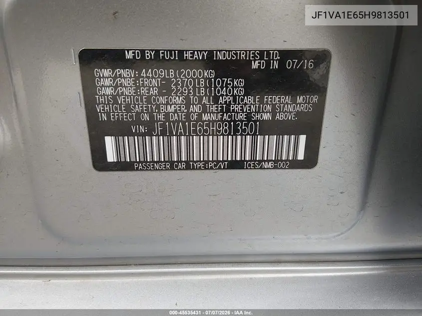 2017 Subaru Wrx Premium VIN: JF1VA1E65H9813501 Lot: 45535431