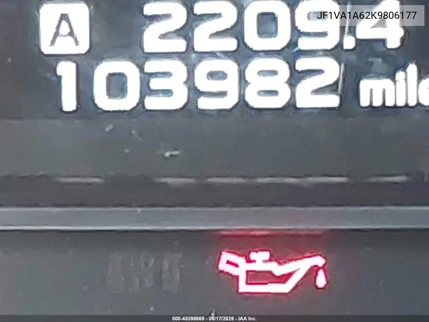2019 Subaru Wrx VIN: JF1VA1A62K9806177 Lot: 45398669