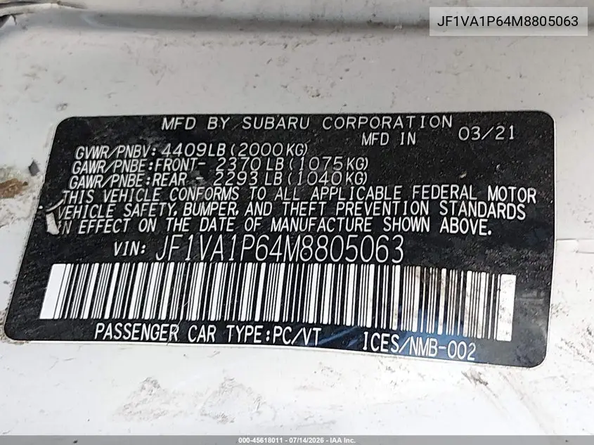 2021 Subaru Wrx Limited VIN: JF1VA1P64M8805063 Lot: 45618011