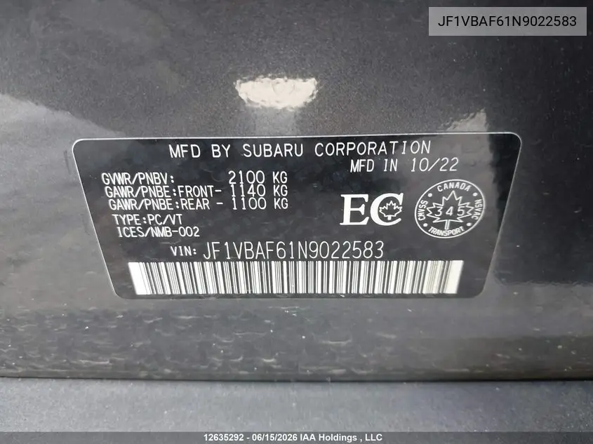 2022 Subaru Wrx Premium VIN: JF1VBAF61N9022583 Lot: 12635292