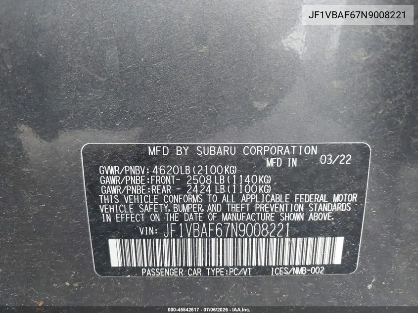 2022 Subaru Wrx Premium VIN: JF1VBAF67N9008221 Lot: 45542617