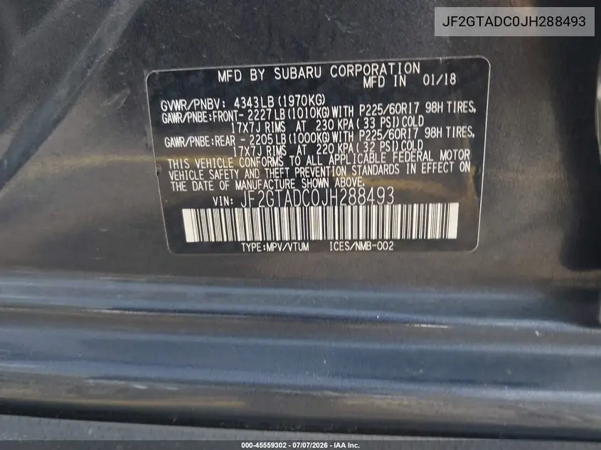2018 Subaru Crosstrek 2.0I Premium VIN: JF2GTADC0JH288493 Lot: 45559302