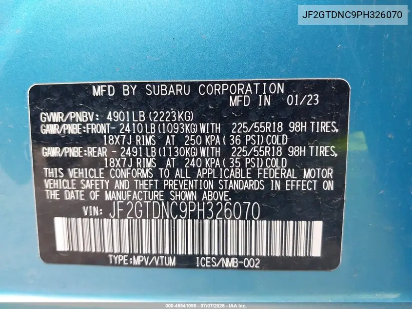 2023 Subaru Crosstrek Hybrid VIN: JF2GTDNC9PH326070 Lot: 45541098