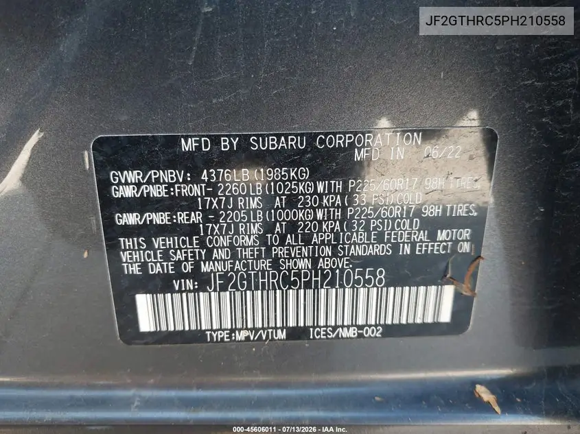 2023 Subaru Crosstrek Sport VIN: JF2GTHRC5PH210558 Lot: 45606011