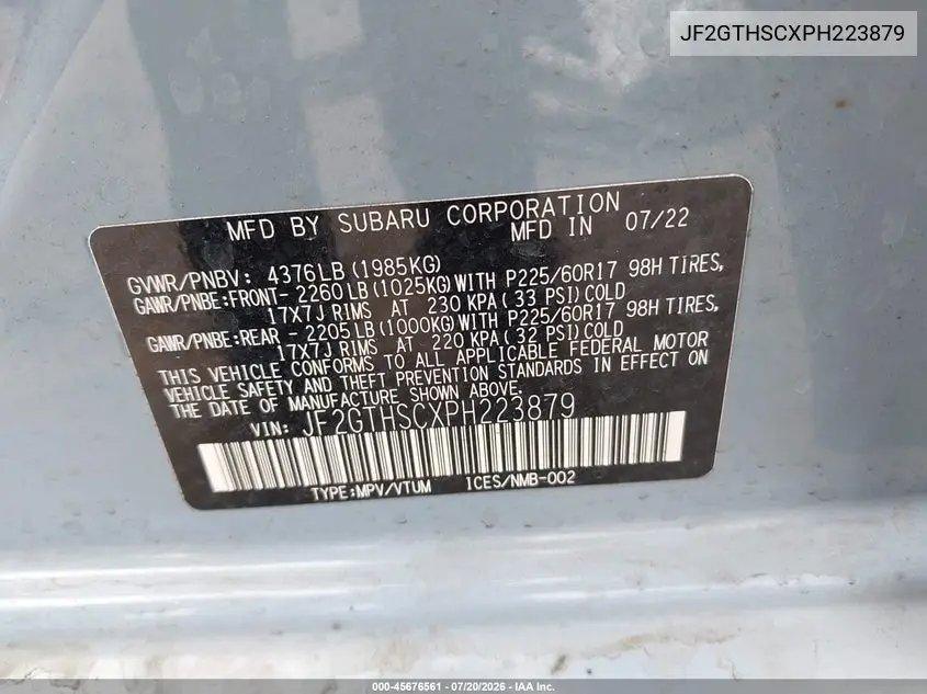 2023 Subaru Crosstrek Sport VIN: JF2GTHSCXPH223879 Lot: 45676561