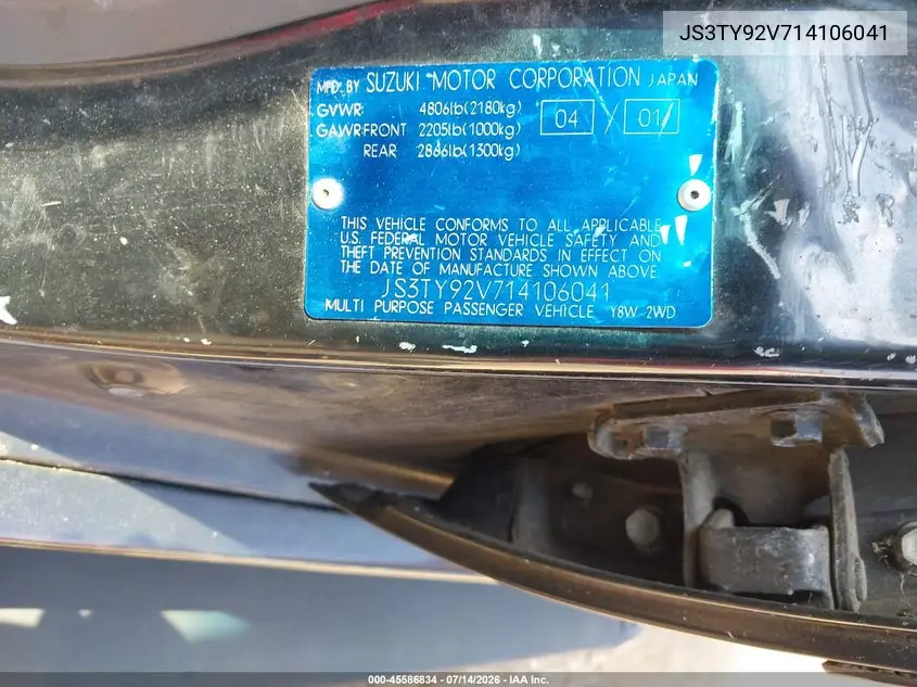 2001 Suzuki Grand Vitara Xl-7 Plus/Standard/Touring VIN: JS3TY92V714106041 Lot: 45586834