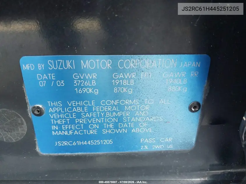 2004 Suzuki Aerio Sx VIN: JS2RC61H445251205 Lot: 45575507