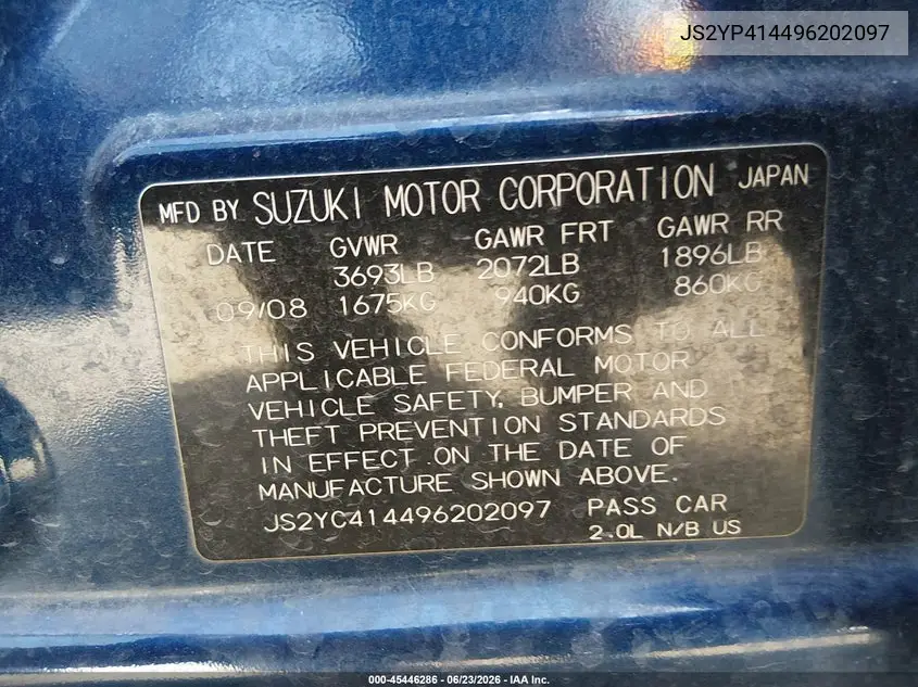 2009 Suzuki Sx4 Sport/Sport Technology VIN: JS2YC414496202097 Lot: 45446286