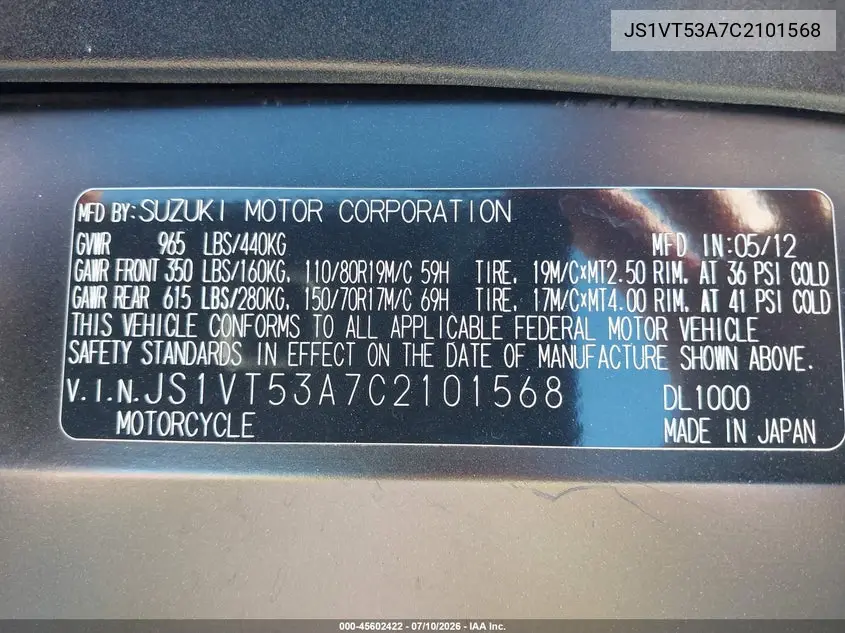 2012 Suzuki Dl1000 VIN: JS1VT53A7C2101568 Lot: 45602422