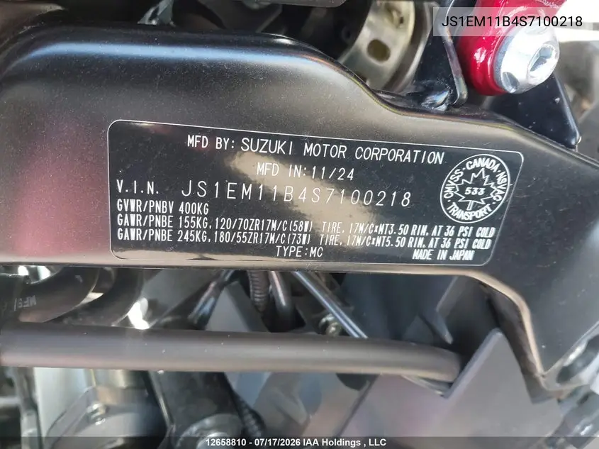 2025 Suzuki Gsx800 R VIN: JS1EM11B4S7100218 Lot: 12658810