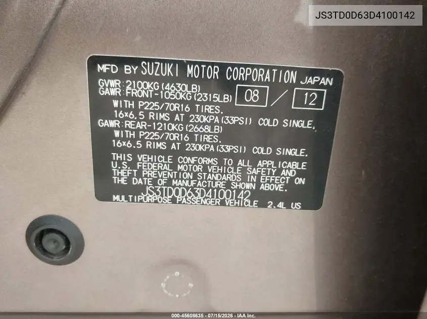 2013 Suzuki Grand Vitara Premium VIN: JS3TD0D63D4100142 Lot: 45608635