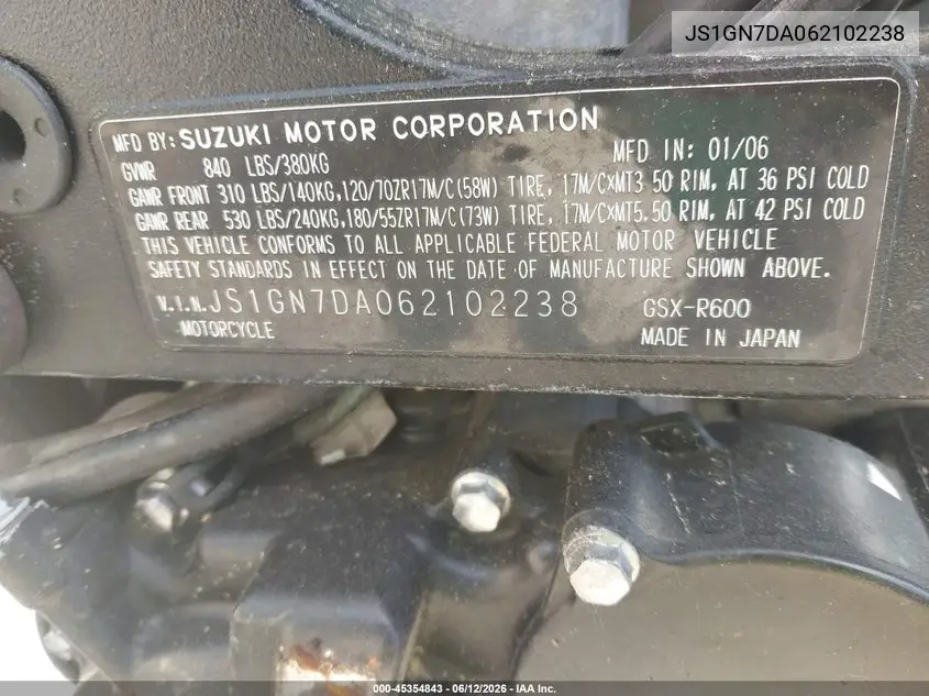2006 Suzuki Gsx-R600 K6 VIN: JS1GN7DA062102238 Lot: 45354843
