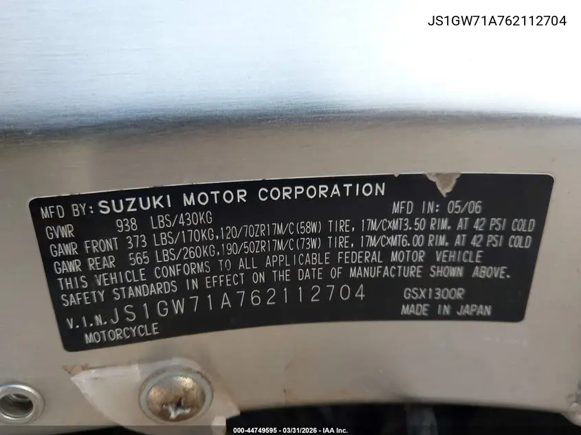 2006 Suzuki Gsx1300 R VIN: JS1GW71A762112704 Lot: 44749595