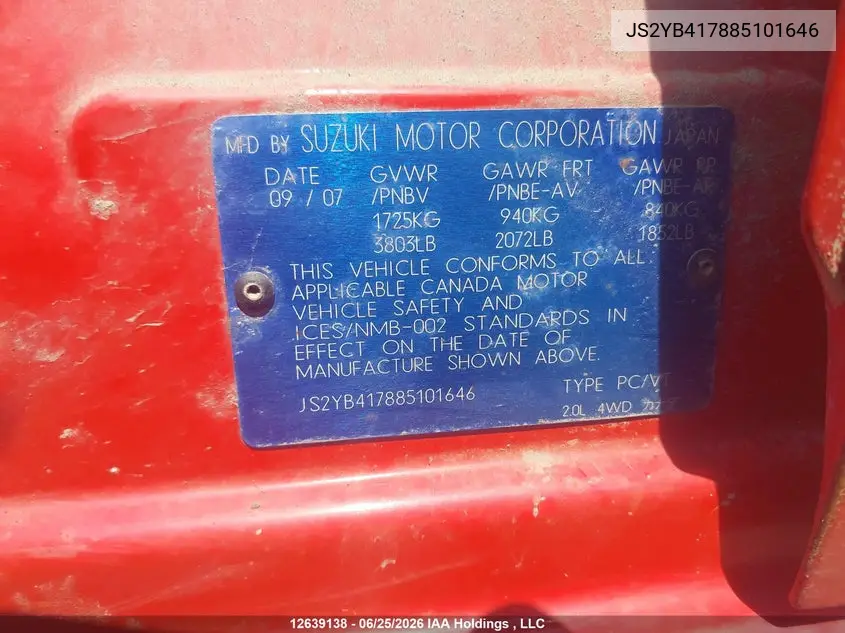 2008 Suzuki Sx4 Jlx VIN: JS2YB417885101646 Lot: 12639138x