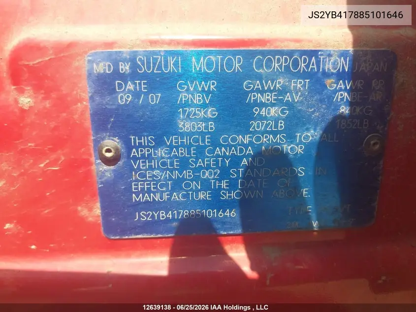 2008 Suzuki Sx4 Jlx VIN: JS2YB417885101646 Lot: 12639138x