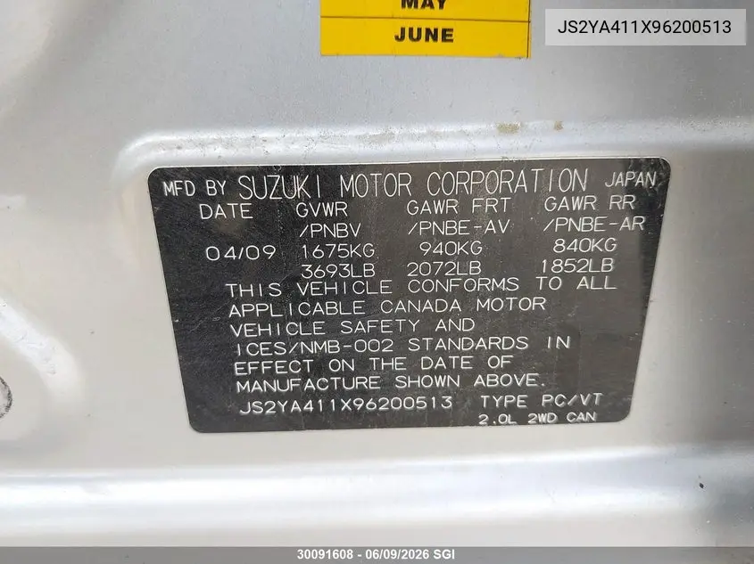 2009 Suzuki Sx4 VIN: JS2YA411X96200513 Lot: 30091608