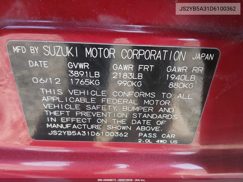2013 Suzuki Sx4 Premium VIN: JS2YB5A31D6100362 Lot: 45066873