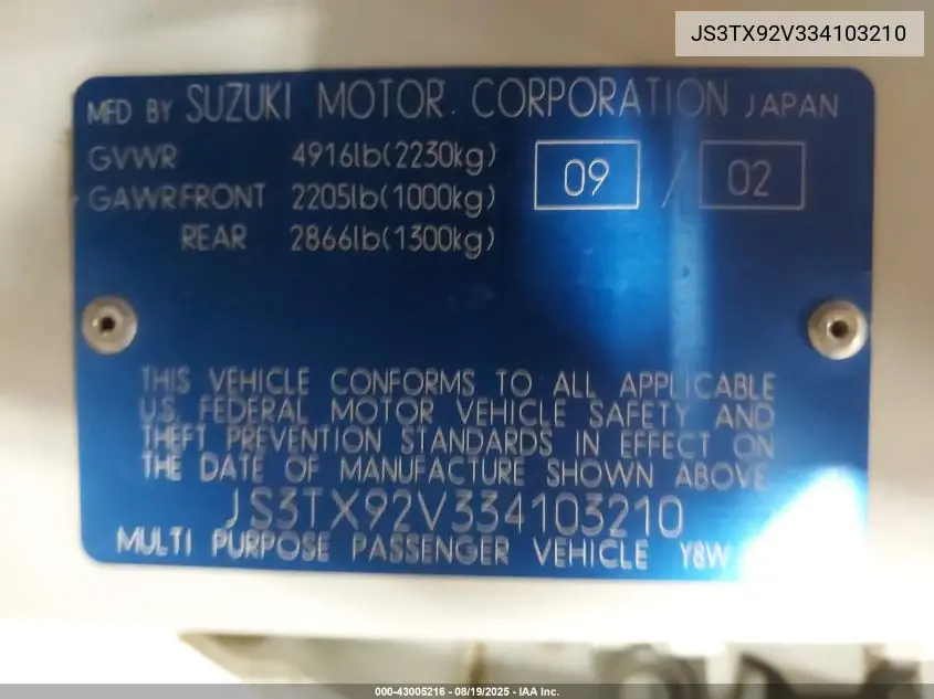2003 Suzuki Xl-7 Ltd/Touring VIN: JS3TX92V334103210 Lot: 43005216