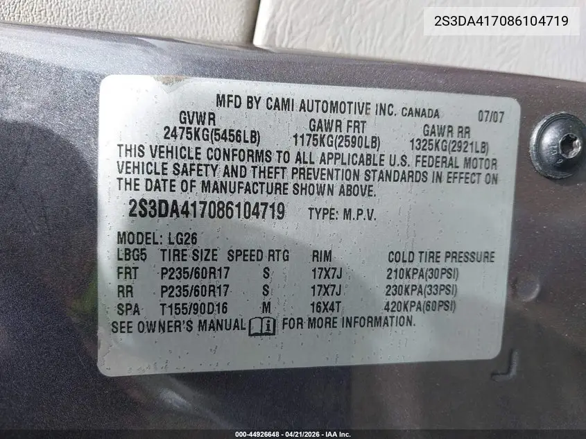 2008 Suzuki Xl7 Luxury VIN: 2S3DA417086104719 Lot: 44926648