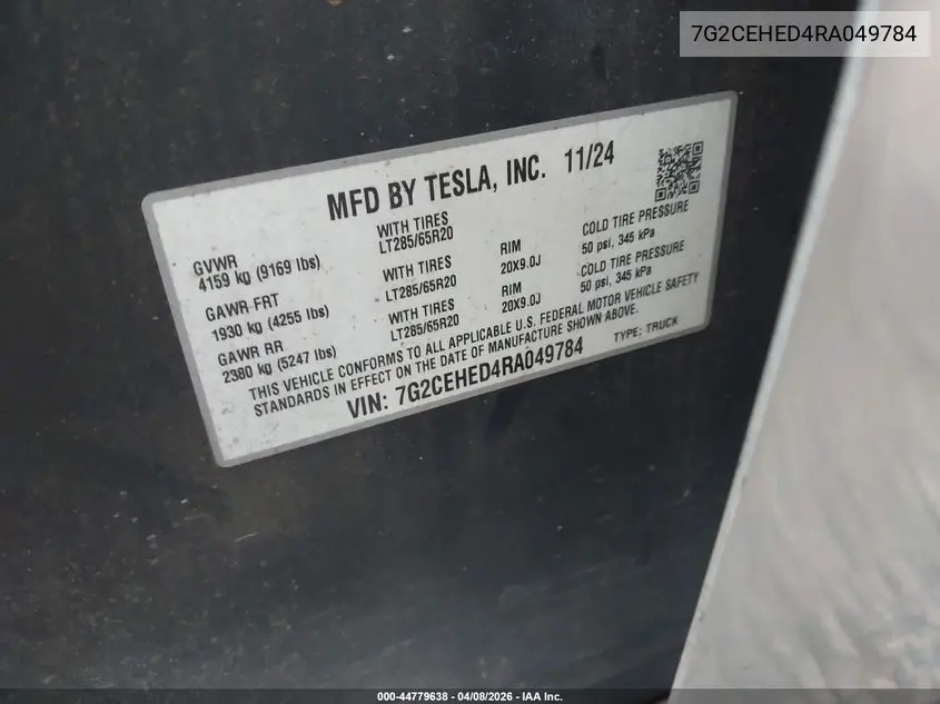 2024 Tesla Cybertruck All-Wheel Drive VIN: 7G2CEHED4RA049784 Lot: 44779638