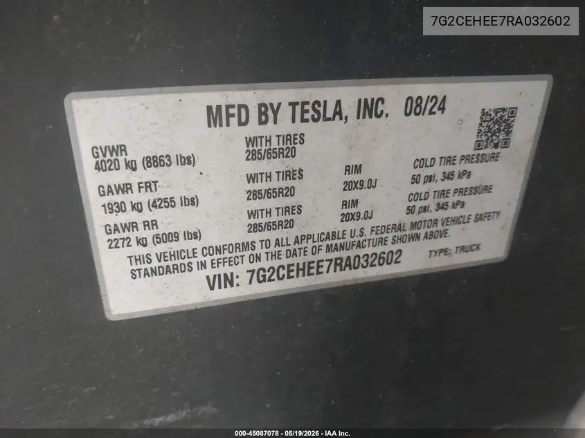 2024 Tesla Cybertruck Cyberbeast VIN: 7G2CEHEE7RA032602 Lot: 45087078