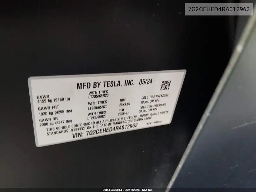 2024 Tesla Cybertruck All-Wheel Drive VIN: 7G2CEHED4RA012962 Lot: 45376044