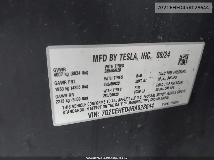 2024 Tesla Cybertruck All-Wheel Drive VIN: 7G2CEHED4RA028644 Lot: 45407246