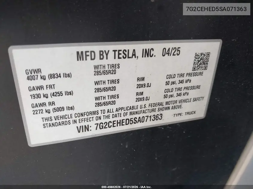 2025 Tesla Cybertruck All-Wheel Drive VIN: 7G2CEHED5SA071363 Lot: 45682026