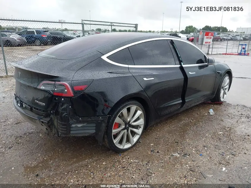 2018 Tesla Model 3 Long Range/Performance VIN: 5YJ3E1EB3JF081836 Lot: 45392979