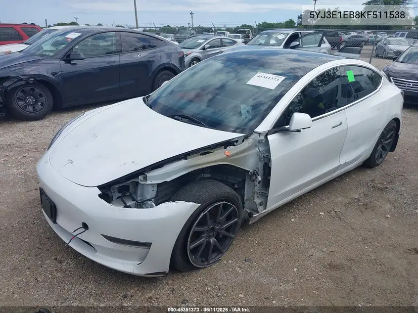 2019 Tesla Model 3 Long Range/Performance VIN: 5YJ3E1EB8KF511538 Lot: 45351373