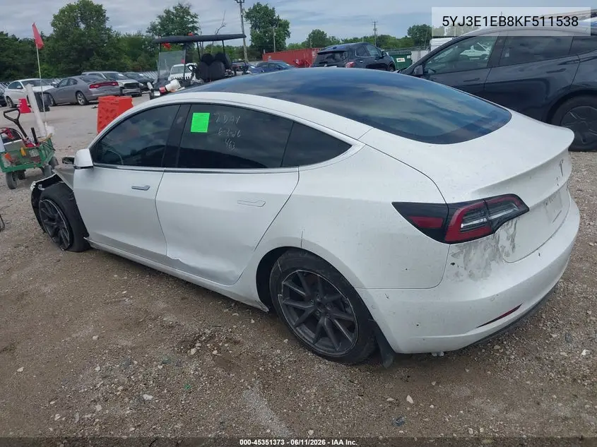 2019 Tesla Model 3 Long Range/Performance VIN: 5YJ3E1EB8KF511538 Lot: 45351373