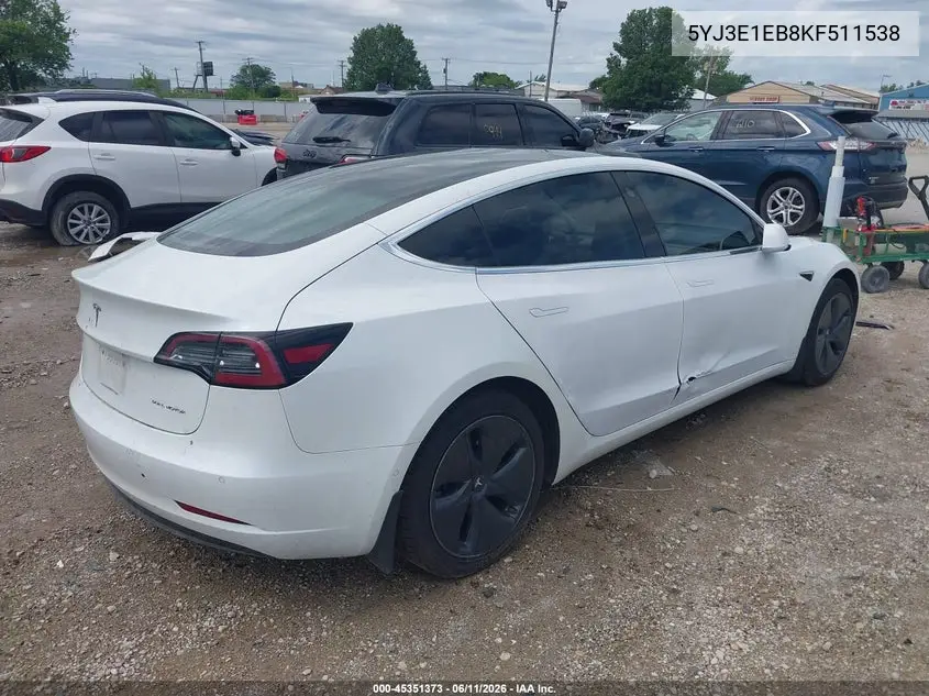 2019 Tesla Model 3 Long Range/Performance VIN: 5YJ3E1EB8KF511538 Lot: 45351373