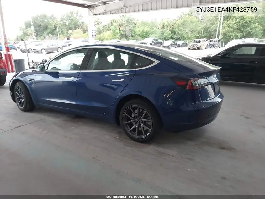 2019 Tesla Model 3 Long Range/Mid Range/Standard Range/Standard Range Plus VIN: 5YJ3E1EA4KF428759 Lot: 45596081