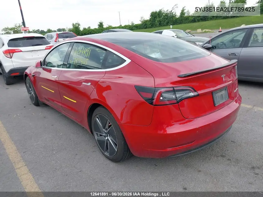 2020 Tesla Model 3 Standard Range Plus VIN: 5YJ3E1EA2LF789425 Lot: 12641891