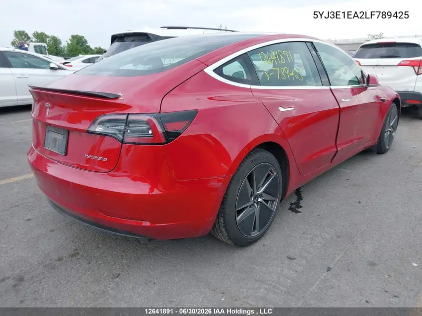 2020 Tesla Model 3 Standard Range Plus VIN: 5YJ3E1EA2LF789425 Lot: 12641891