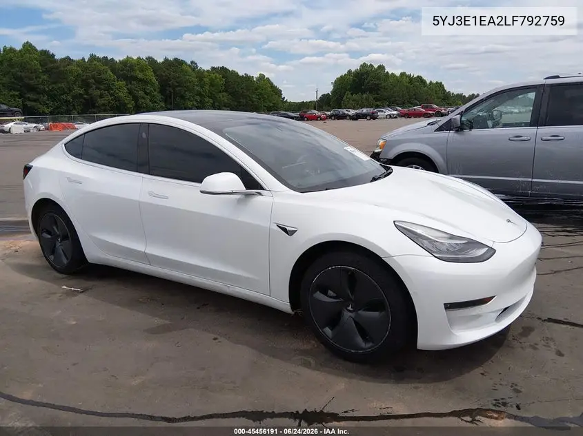 2020 Tesla Model 3 Standard Range Plus Rear-Wheel Drive/Standard Range Rear-Wheel Drive VIN: 5YJ3E1EA2LF792759 Lot: 45456191