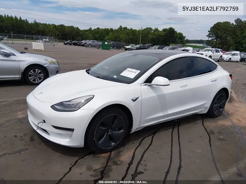 2020 Tesla Model 3 Standard Range Plus Rear-Wheel Drive/Standard Range Rear-Wheel Drive VIN: 5YJ3E1EA2LF792759 Lot: 45456191