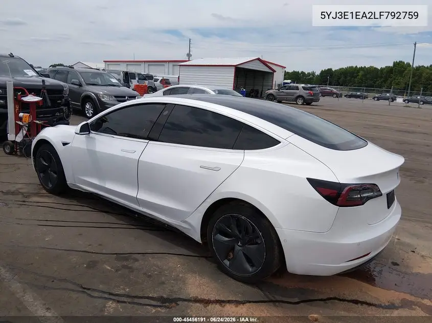 2020 Tesla Model 3 Standard Range Plus Rear-Wheel Drive/Standard Range Rear-Wheel Drive VIN: 5YJ3E1EA2LF792759 Lot: 45456191