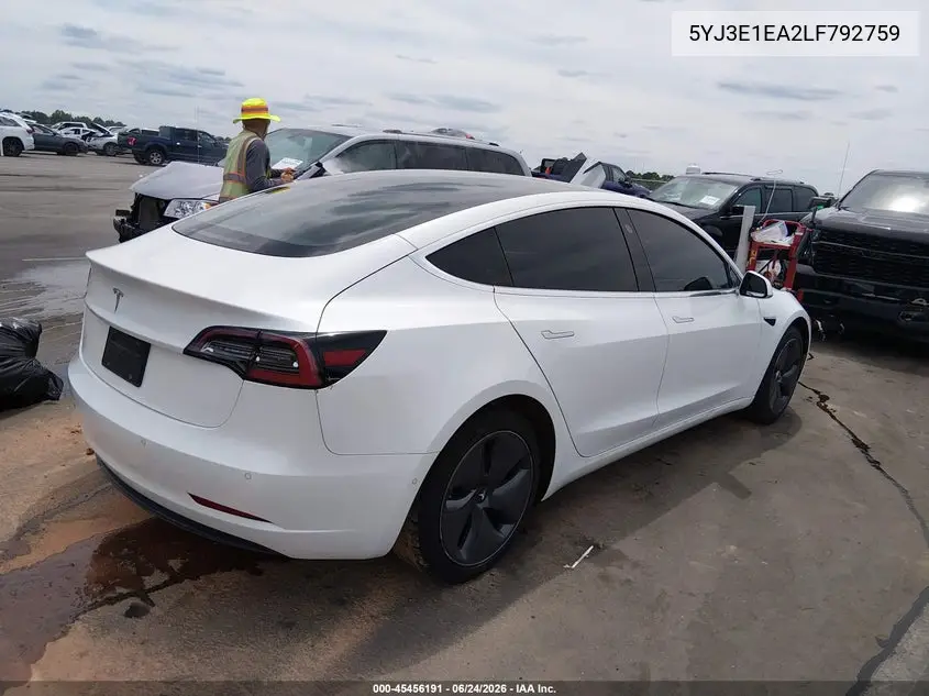 2020 Tesla Model 3 Standard Range Plus Rear-Wheel Drive/Standard Range Rear-Wheel Drive VIN: 5YJ3E1EA2LF792759 Lot: 45456191