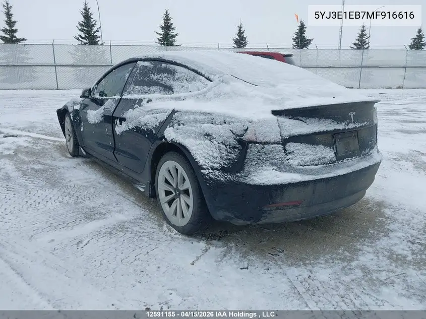 2021 Tesla Model 3 VIN: 5YJ3E1EB7MF916616 Lot: 12591155