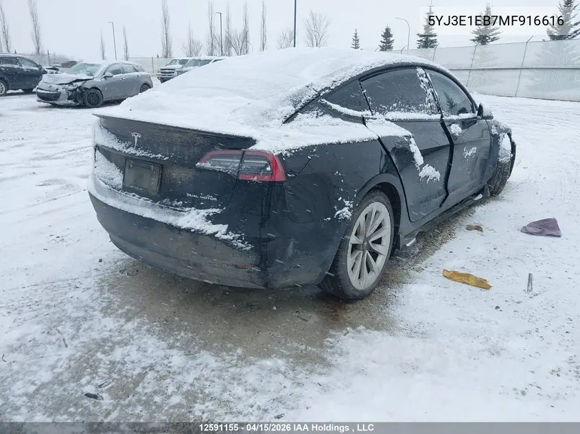 2021 Tesla Model 3 VIN: 5YJ3E1EB7MF916616 Lot: 12591155