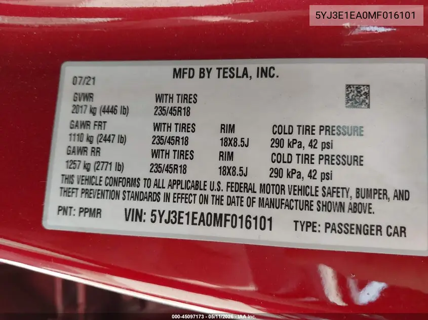5YJ3E1EA0MF016101 2021 Tesla Model 3 Standard Range Plus Rear-Wheel Drive