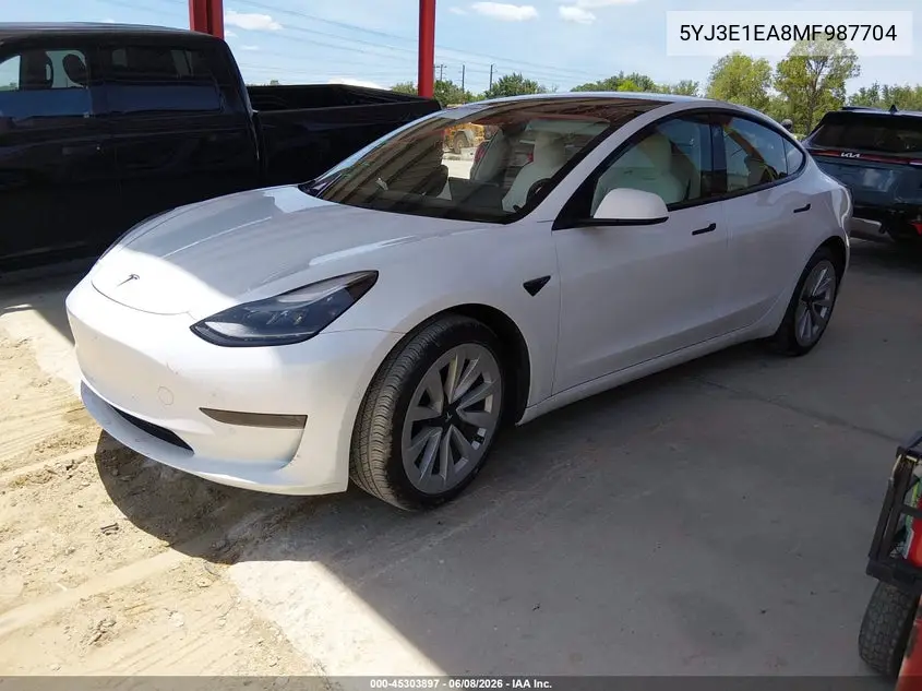 2021 Tesla Model 3 Standard Range Plus Rear-Wheel Drive VIN: 5YJ3E1EA8MF987704 Lot: 45303897