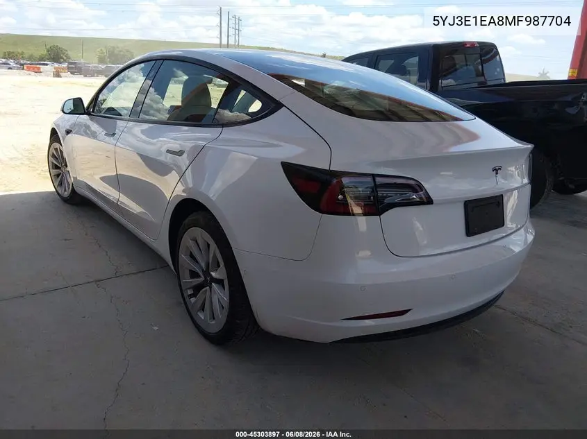 2021 Tesla Model 3 Standard Range Plus Rear-Wheel Drive VIN: 5YJ3E1EA8MF987704 Lot: 45303897