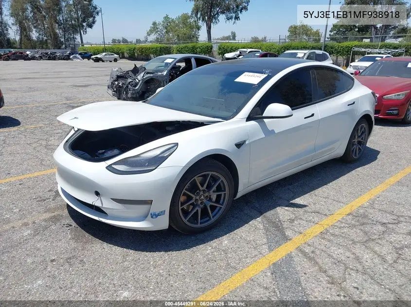 2021 Tesla Model 3 Long Range VIN: 5YJ3E1EB1MF938918 Lot: 45449291