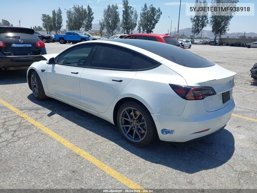 2021 Tesla Model 3 Long Range VIN: 5YJ3E1EB1MF938918 Lot: 45449291