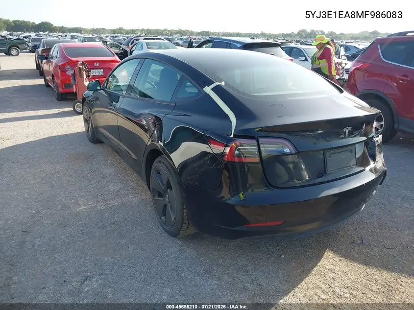2021 Tesla Model 3 Standard Range Plus Rear-Wheel Drive VIN: 5YJ3E1EA8MF986083 Lot: 45656210