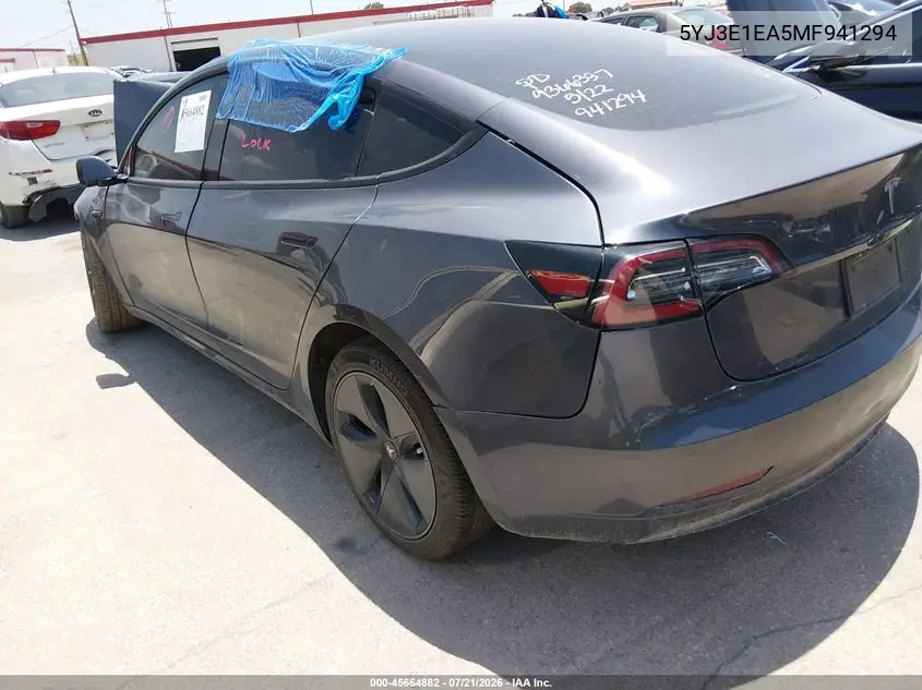 2021 Tesla Model 3 Standard Range Plus Rear-Wheel Drive VIN: 5YJ3E1EA5MF941294 Lot: 45664882