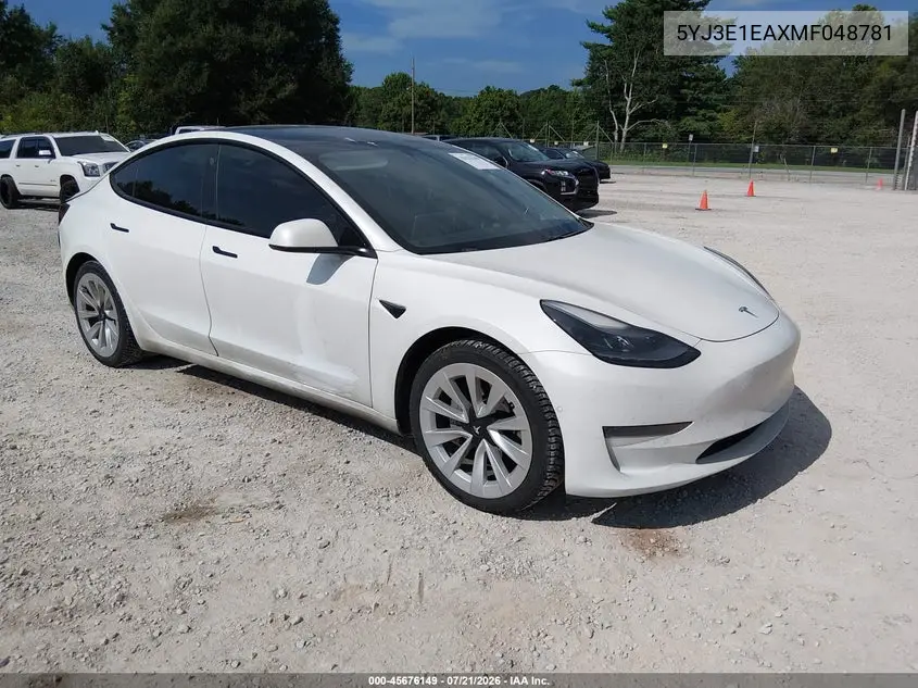 2021 Tesla Model 3 Standard Range Plus Rear-Wheel Drive VIN: 5YJ3E1EAXMF048781 Lot: 45676149